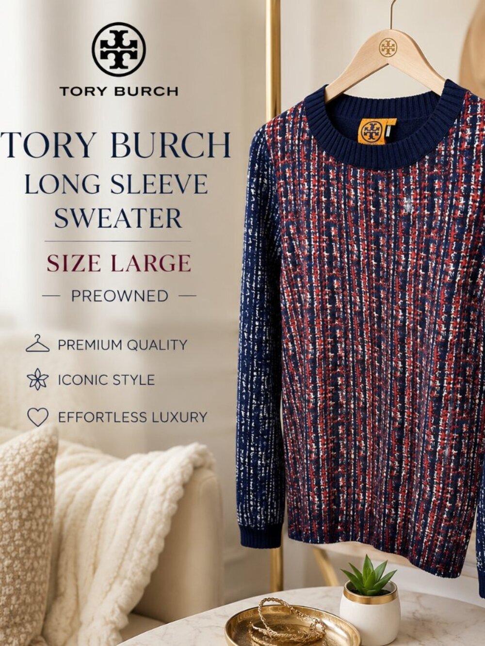 Tory Burch Tweed Look Knit Sweater Blue Red Crewneck Large $350-$400